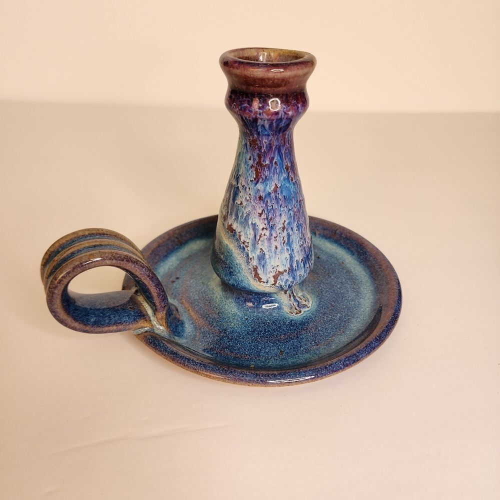 OA Gallery Vintage Ceramic Candle Holder With Blue And Purple Drip Glaze